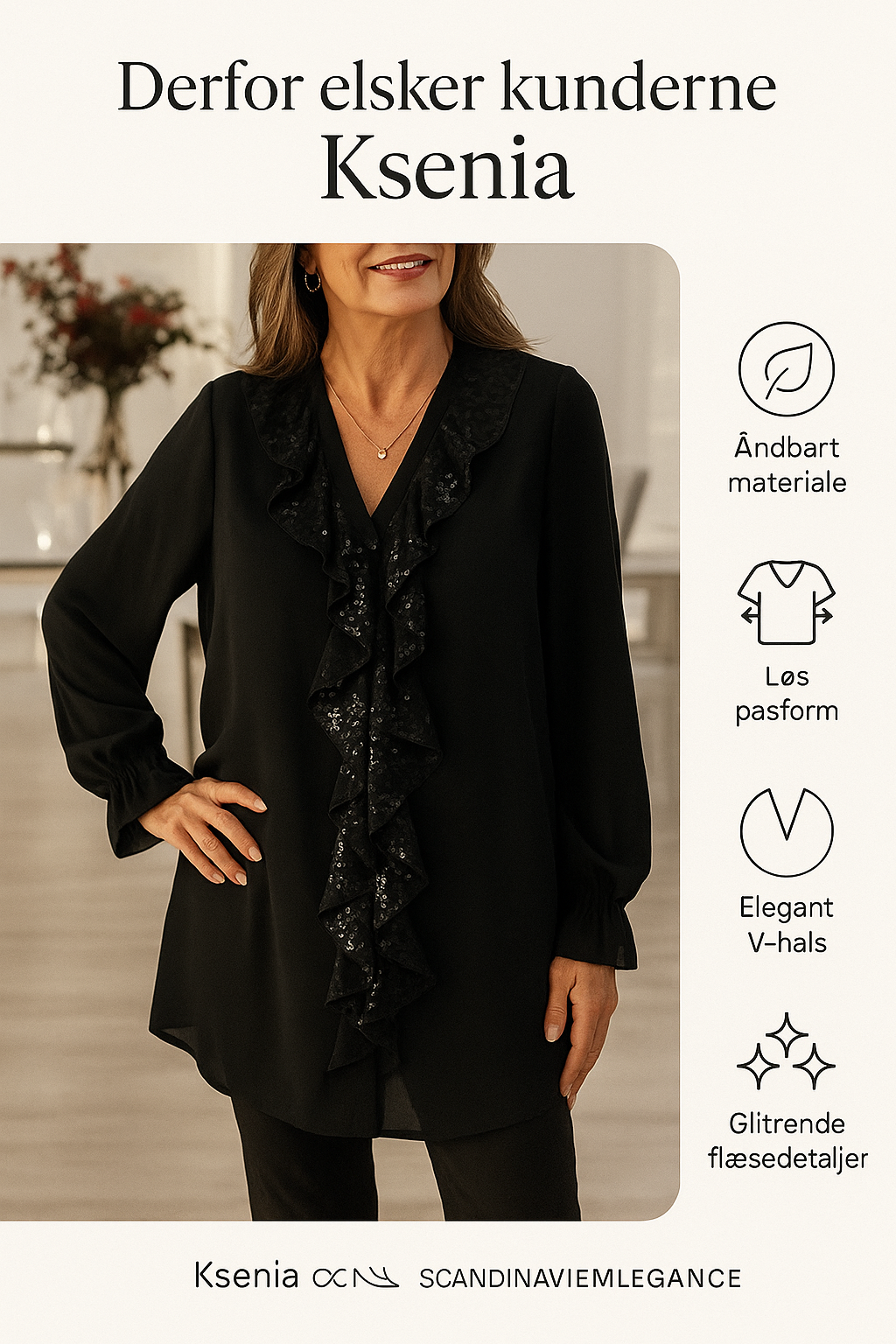 Ksenia – Elegant damebluse med flæsedetaljer