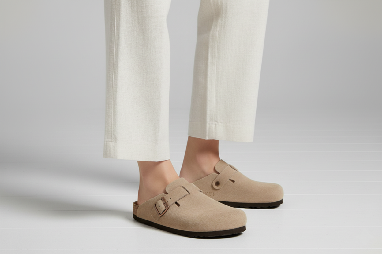 Komfort Suede Clogs – Beige Slip-ons med Spænde